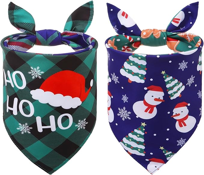SCENEREAL Christmas Dog Bandanas 2 Pack, Puppy Snowman Xmas Triangle Bibs Handkerchief, Reversible Holiday Dog Bandana for Boy and Girl, Premium Pet Scarf for Small Medium Large Dogs L