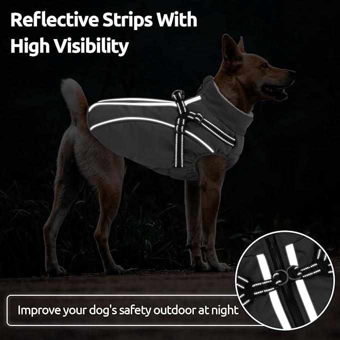 Dog Winter Coat with Harness Built in Warm Puffer Dog Jackets for Small Medium Large Dogs Windproof Waterproof Outfit with Plush Lining and Reflective Stripes (Grey, 2XL)