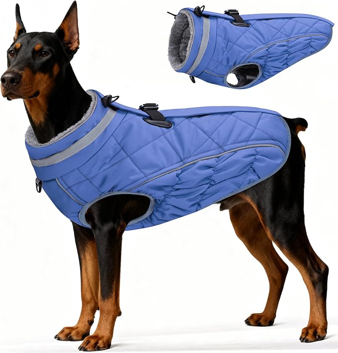 Dog Coat, Warm Dog Winter Coat for Large Dogs, Waterproof Jacket with Harness Built in, Reflective Turtleneck Cold Weather Coats with Zipper,Pet Fleece Vest Snow Jacket, Blue XXXL
