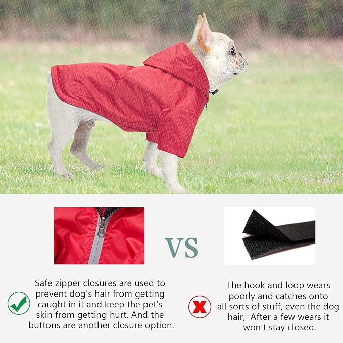 Dog Raincoat Dogs Waterproof Reversible rain Jacket Dog Small Medium Breeds Reflective Zipper Storage Pocket Harness Hole - Red - L