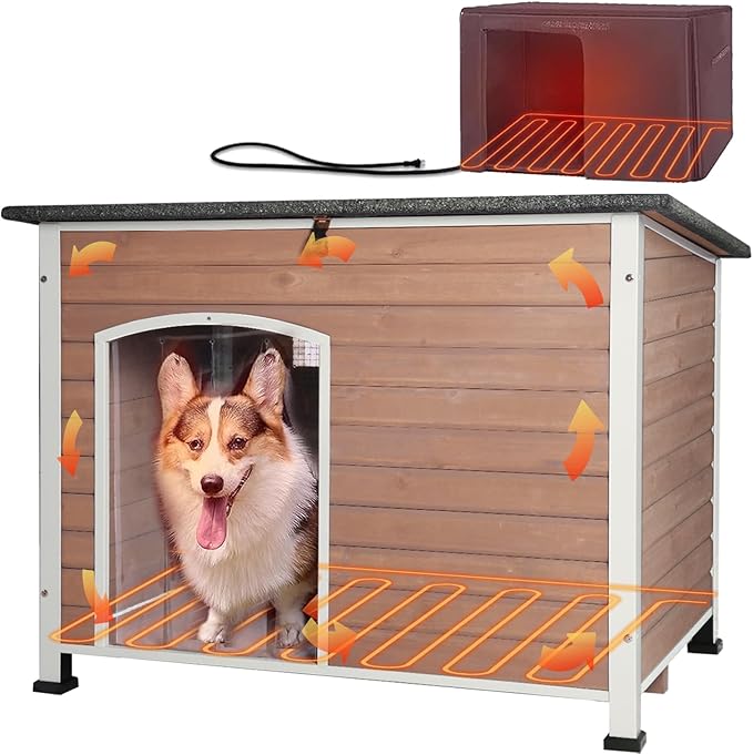GUTINNEEN Heated Dog House Outdoor 43.3" Large Dog Kennel with Metal Frame Insulated Dog Crate Cage for Large Dogs Outside with Heater and Insulated Liner, Light Brown