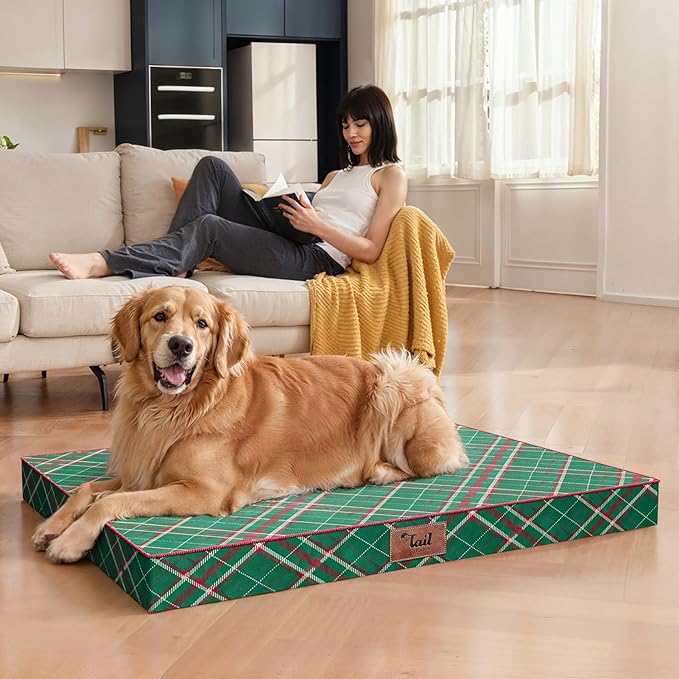 Orthopedic Dog Bed for Large Dogs, Big Waterproof Dog Bed Washable Pet Bed for Large Sized Dogs with Egg Crate Foam Pet Bed Mat, Removable Oxford Cooling Cover, Plaid