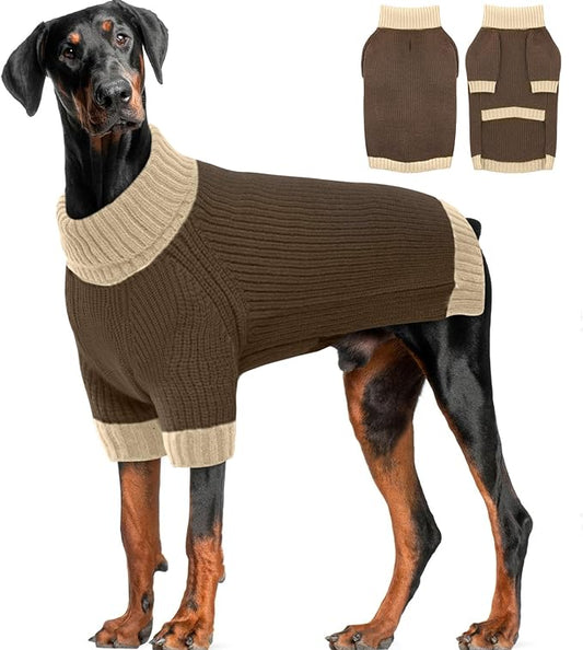 Extra Large Dog Sweater, Sleeve Turtleneck Sweater with Harness Hole, Christmas Pullover Sweaters for Dogs Boy Girl, Winter Dog Jumper for Rottweiler, Alaskan, Great Dane, Brown 4XL