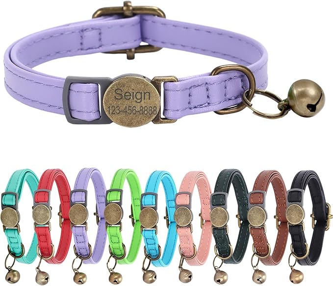 Cat Collar Breakaway, Personalized Leather Cat Collar with Bells-Adjustable Customized Collar with Name & Phone Number Tag for Girl Boy Cats-Quick Release Buckle for Cats & Kittens(Purple)