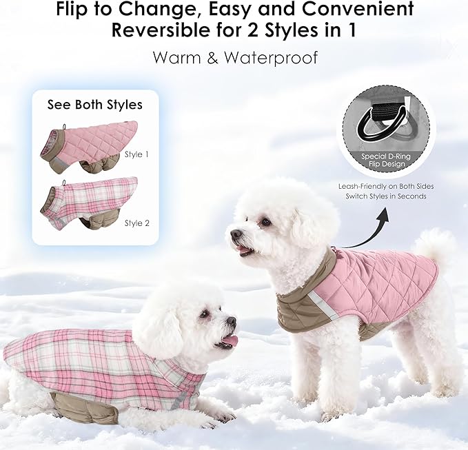 Quilted Dog Winter Coat, Plaid Lined Reversible Vest, Reflective Safety Strip, Cold Weather Pet Apparel Pink M