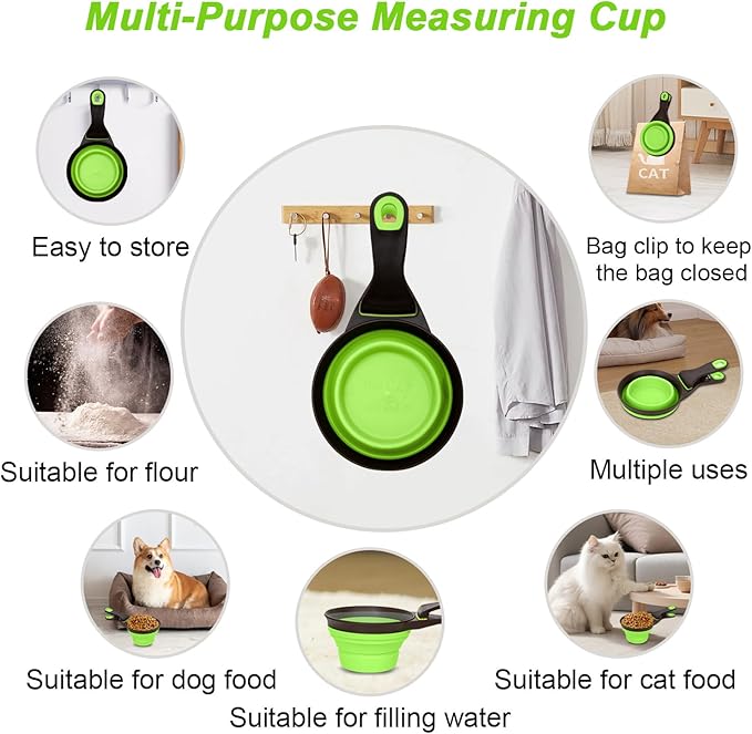 Collapsible Silicone Dog Food Scoop Foldable Pet Food Measuring Cup with Bag Clip 3 in 1 Multi-Function Silicone Dog Food Scooper (Green, Large)