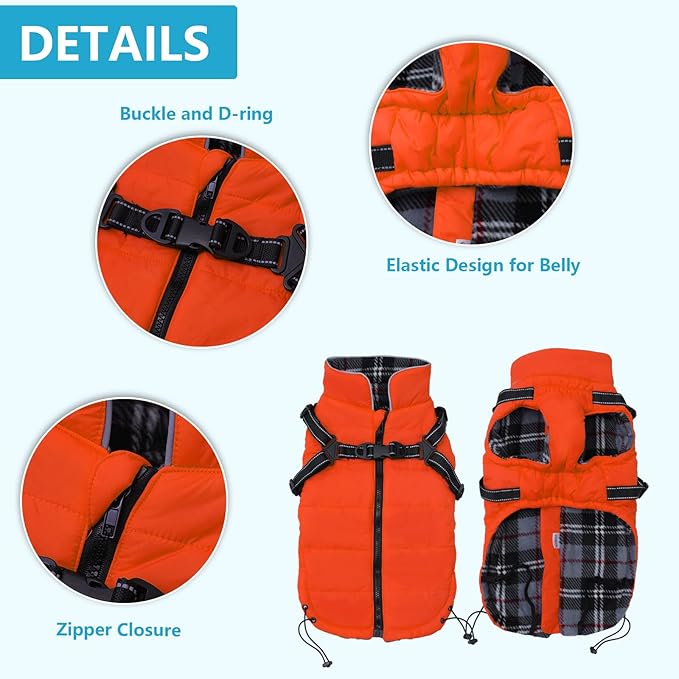 Geyecete Winter Warm Coat Waterproof Dog Winter Jacket with Harness Traction Belt,Pet Outdoor Jacket Dog Autumn and Winter Clothes for Medium, Small Dog-Orange-M