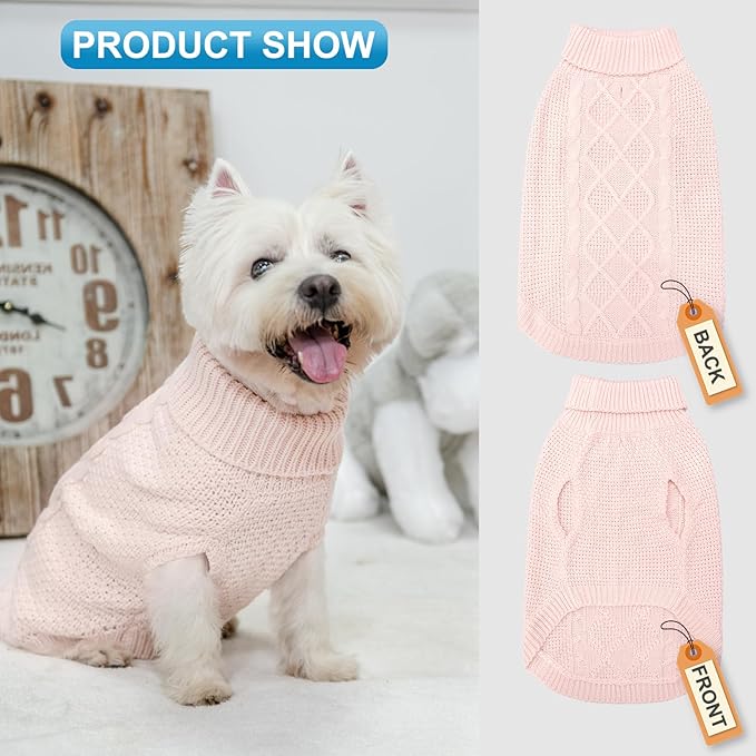 Mihachi Turtleneck Dog Sweater - Winter Coat Apparel Classic Cable Knit Clothes with Leash Hole for Cold Weather, Ideal Gift for Pet in New Year Rosy Small