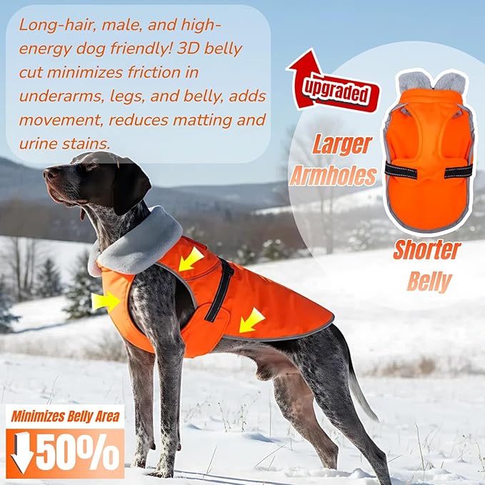 Insulated Relaxed Fit Dog Winter Coat with Full-Body Reflective Strip, Hard Shell Pet Jacket for Outdoor, Waterproof Coats for Large Dogs, Soft Fur Collar Jacket for Labrador Male Female(Orange, 2XL)