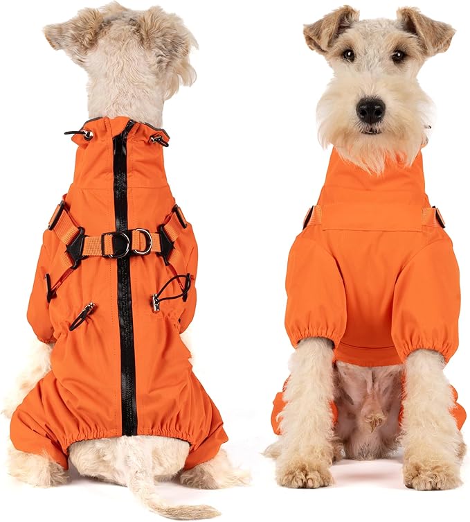 Mile High Life Waterproof Dog Raincoat, Full Coverage Small Dog Rain Coat with Harness, Adjustable 4 Legs Puppy Rain Jacket with Reflective Strip and Elastic Cuffs (Orange, M Back Length 14.6")