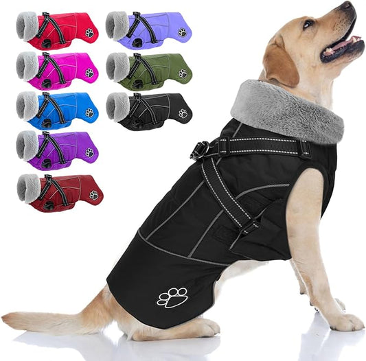 Doglay Dog Jacket Waterproof Dog Coat with Harness Built in, Christmas Puppy Winter Coat Reflective Turtleneck Puffer Snow Jackets for Small Medium Large Dogs