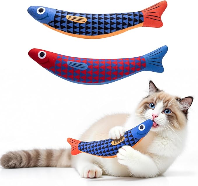 Interactive Cat Toys with [5000mg A+ Natural Catnip &Silvervine] [Baby Grade] Soft Chew Kicker Cat Toys for Indoor Cats & Kittens, Crinkle &Bell Fish Sound Toy, Drives Bored Cats Crazy with Fun,2 Pack