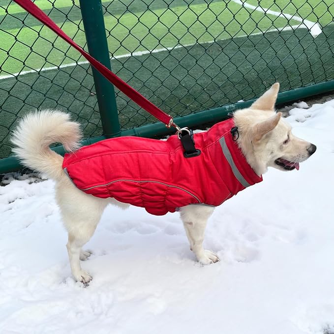 Malier Dog Coat, Reflective Dog Jacket Waterproof Windproof Puppy Cold Weather Coats with Harness Built in, Winter Extra Warm Pet Coat Fleece Vest for Small Large Pets and Puppy (Red, X-Large)