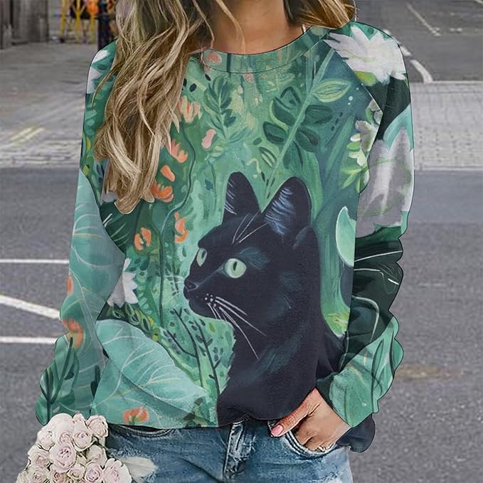 Long Sleeve Shirts for Women Cat Oil Painting Shirt 3D Graphic Sweatshirts Fall Pullover Crewneck Vintage Boho Tops