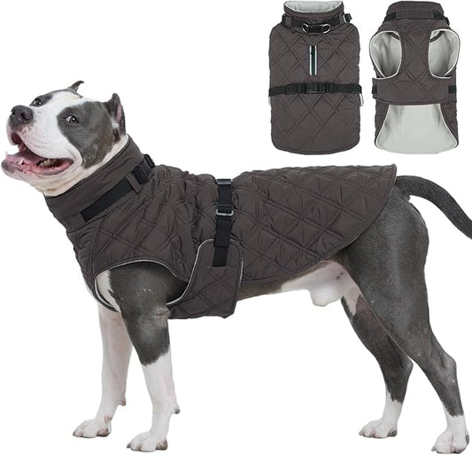 Kuoser Dog Coat Warm Fleece Lining Turtleneck Dog Jacket with Harness Built-in, Adjustable Windproof Cold Weather Coats with Quick Release Buckle Pet Winter Snowsuit for Large Dogs, Grey XL