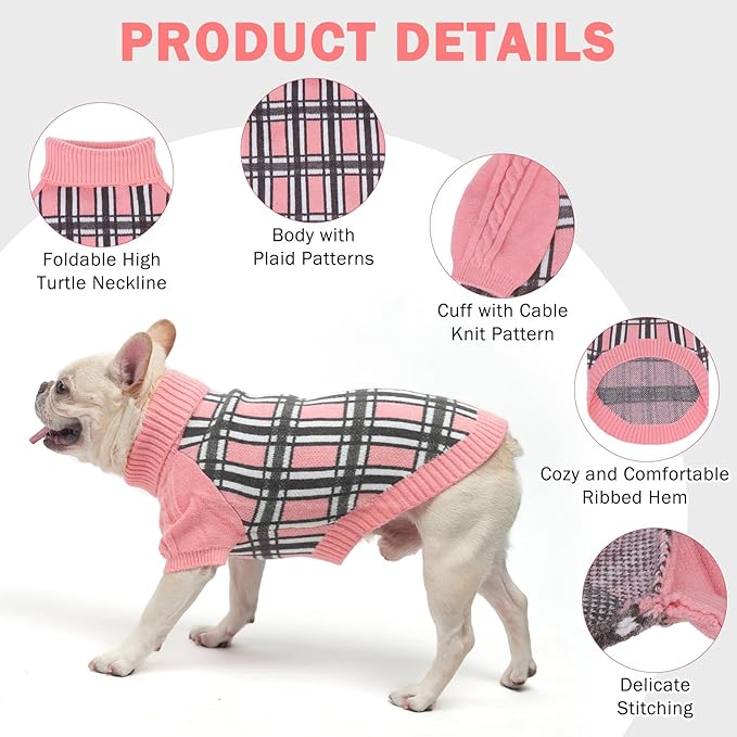 SCENEREAL Turtleneck Dog Sweater for Small Medium Large Dogs Girls Boys, Christmas Plaid Pullover Puppy Sweatershirt, Dogs Cold Weather Outfit Clothes, Ideal Gift for Pet in New Year, Pink Plaid M