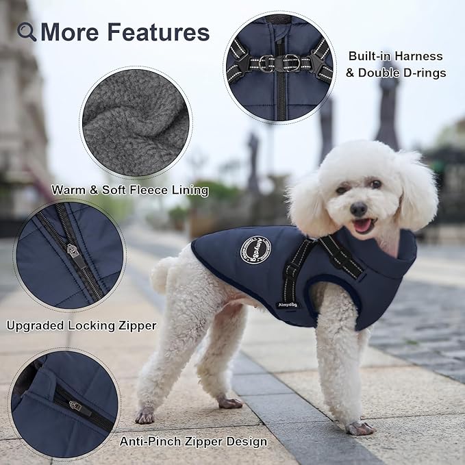 Warm Winter Coat, Fashion Sports Jacket with Built-in Harness, Reflective & Adjustable Pet Vest, Waterproof Windproof for Small Dogs (Navy)