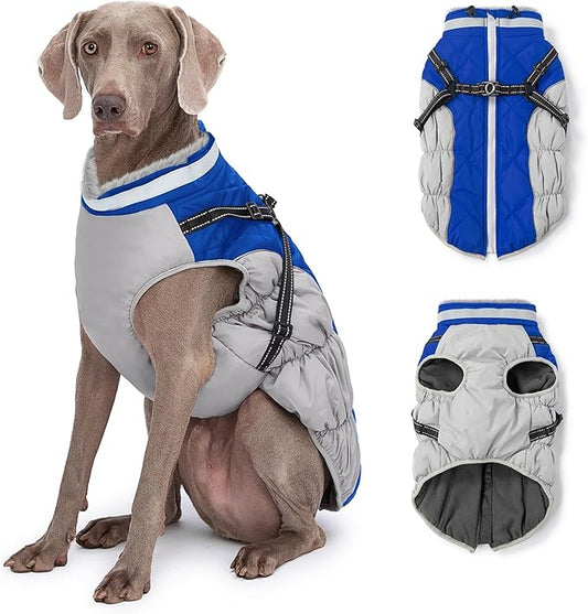 Dog Winter Coat with Harness, Dog Jacket, Pet Clothes with Zipper on Back, Waterproof Windproof Warm Vest, Reflective Cold Weather Coats, for Small Medium Large Dogs, Thick, Blue, XL