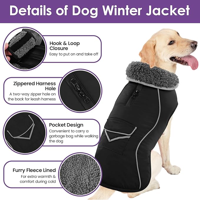 SUNFURA Small Dog Coat, Warm Dog Jacket with Zippered Leash Hole, Reflective Pet Winter Coat Fleece Jacket with Adjustable Furry Collar for Small Dogs Schnauzer, Yorkshire Terrier, Black S