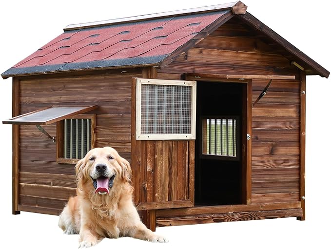 Extra Large Dog House Outdoor Outside Insulated Dog Kennel Weatherproof Pine Wood Pets Home with Elevated Floor,Lockable Door,Adjust Windows,Easy to Clean for Medium Large Dogs
