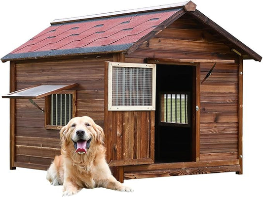 Extra Large Dog House Outdoor Outside Insulated Dog Kennel Weatherproof Pine Wood Pets Home with Elevated Floor,Lockable Door,Adjust Windows,Easy to Clean for Medium Large Dogs