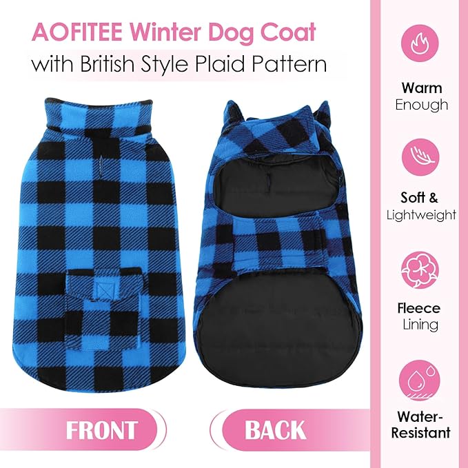 AOFITEE Dog Coat Plaid Dog Winter Coat for Large Dogs, Warm Dogs Jacket Christmas Sweater, Waterproof Pet Puffer Jacket, Reversible Pet Cold Weather Coats for Small Medium Large Pets, Blue XXL