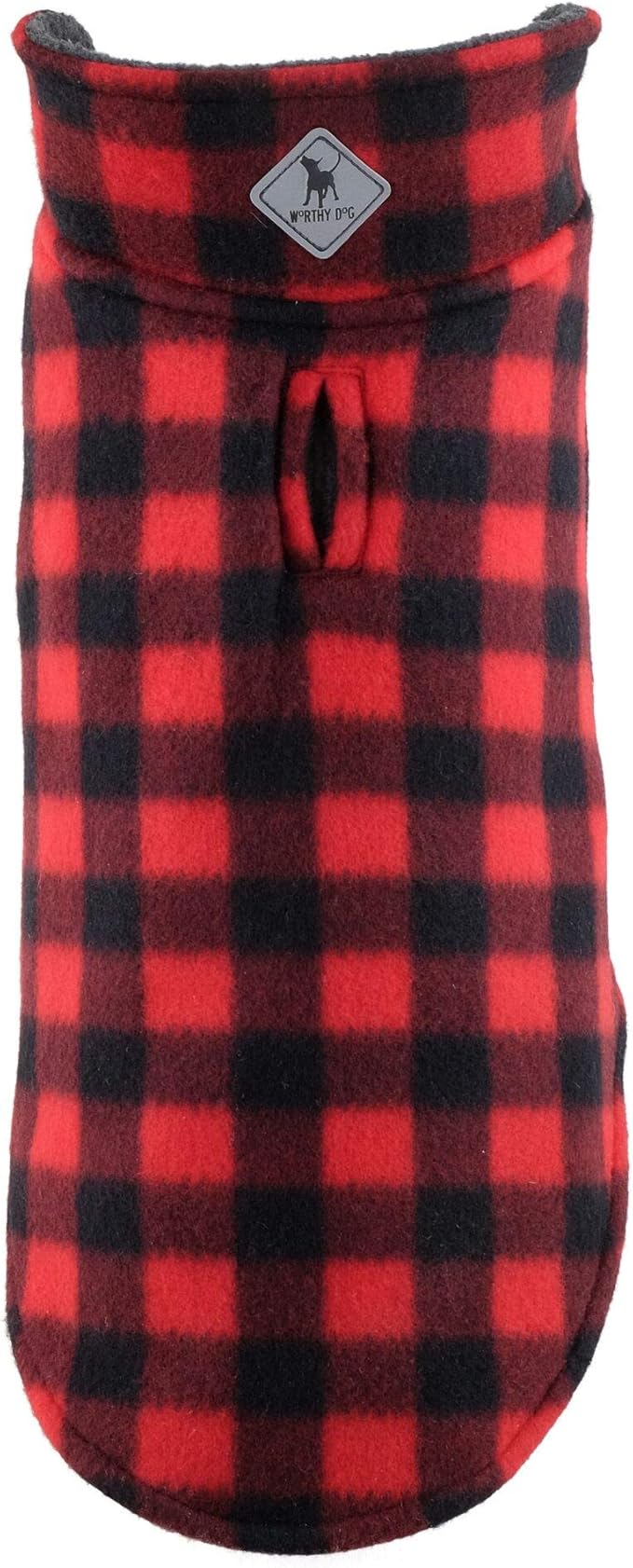 The Worthy Dog Fargo Fleece Buffalo Dog Jacket, Adjustable Reversible with Harness Hole, Wind-Resistant, Winter Outdoor Clothes for Pets, Red - 12''