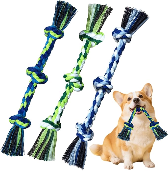 Rocfish [3 Pack Dog Rope Toys, Dog Chew Toy for Medium and Small Dogs, Nearly Indestructible Tug of War Toys, 100% Cotton, Teeth Cleaning Chew Rope, Puppy Toys for Boredom