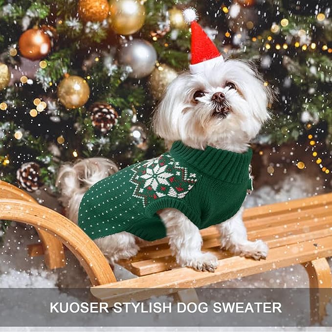 Kuoser Dog Sweater, Holiday Christmas Snowflake Pet Warm Knitwear Dog Sweaters Soft Puppy Clothing, Doggie Turtleneck Cold Weather Outfit Pullover for Small Medium Large Dogs Cats, Green XL