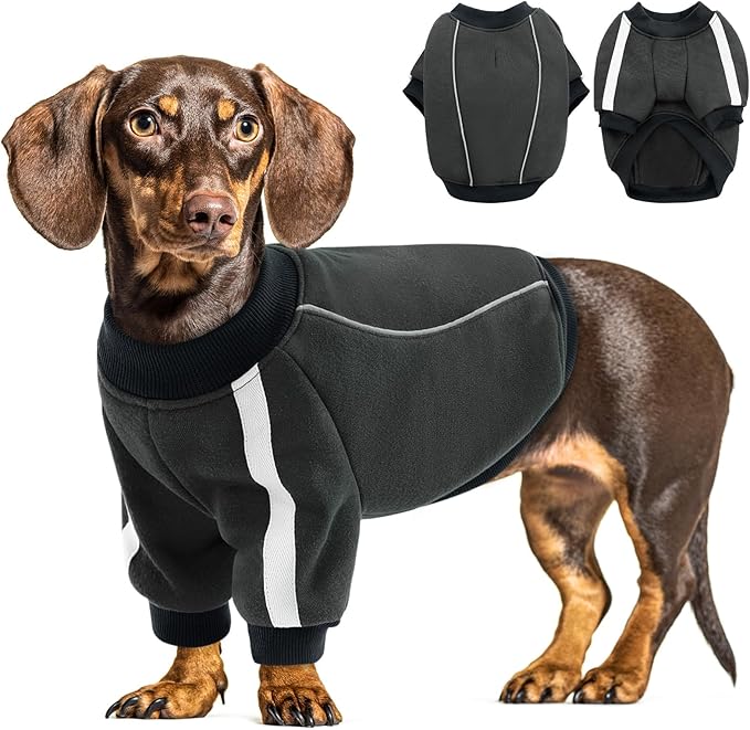 Queenmore Fleece Dog Sweater for Male Dogs, Soft Pullover Dog Sweatshirt with Leash Hole/Reflective Stripes – Cozy Winter Fleece Jacket for Small Medium Large Boy Puppy, Grey XL