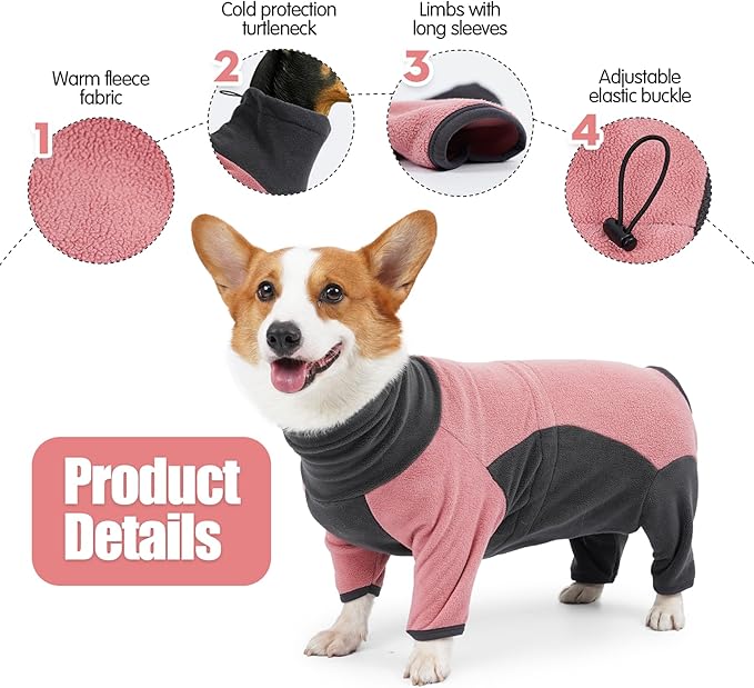 Dog Winter Coat, Warm Fleece Jacket, Windproof Pullover Bodysuit, Fullbody Pajamas Onesie, Cold Weather Clothes for Medium Large Dog (Small, Pink)