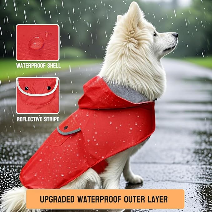 Dog Raincoat Dogs Rain Jacket Reflective Poncho Rainwear Waterproof Pet Clothes Pocket Warm Lined Hooded Leash Hole Adjustable Small Medium Dogs,Red,XXL,Back Length 16.0 Inch