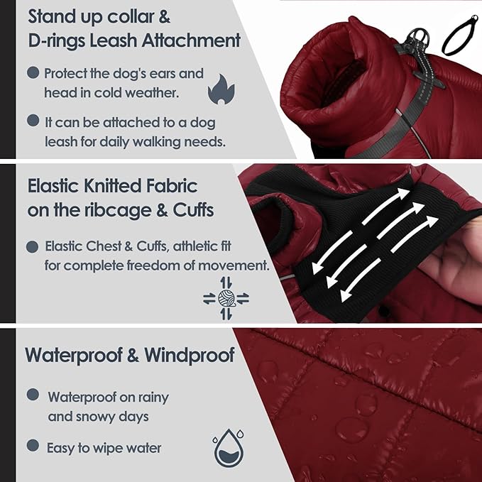 AOFITEE Dog Coat, Waterproof Dog Jacket for Winter, Warm Fullbody Dogs Snowsuit, Winter Coat for Small Dogs, Zip Up Pet Puffer Jacket Fleece Vest, Outdoor Reflective Pet Coats, Christmas Red, Medium