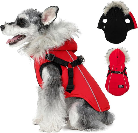 PINA Dog Winter Coat Winter Jacket with Waterproof Fabric, Faux Fur Hood, Reflective Strap for Small Medium Large Dogs, Red, 3XL