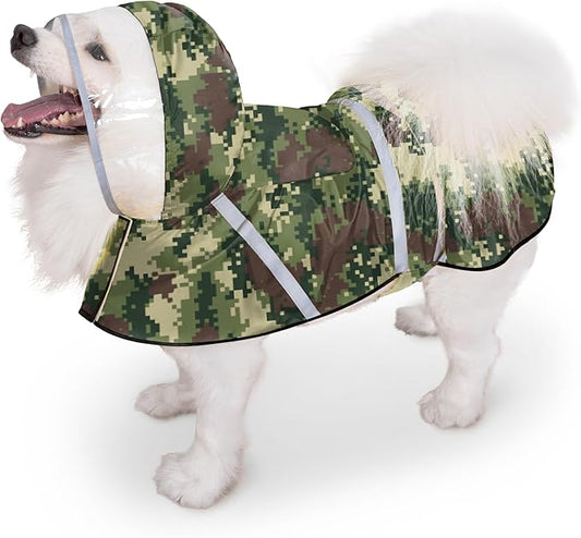 Dog Raincoat, Adjustable Rain Jacket with Hooded Double Layer for Large Medium Small Dogs Puppies, Lightweight Waterproof Rain Coat Poncho with Reflective Stripe Mosaic Camouflage Green,XL