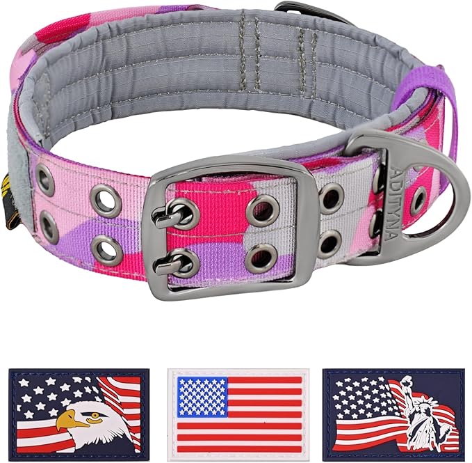 ADITYNA Heavy Duty Dog Collar for Medium Dogs - Camo Pink Purple Collar with Handle for Training, and Walking - Wide, Thick, Tactical, Soft Neoprene Padded