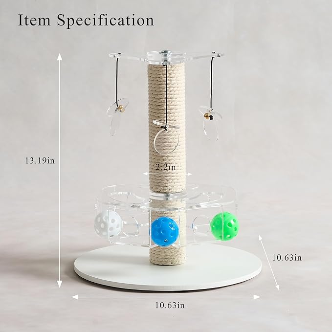 Modern 3-in-1 Interactive Cat Toy with Scratching Post, Rotating Cat Puzzle Toys for Indoor Cats with Colorful Jingle Balls, Spinning Teaser Disc with Dangling Toys, Acrylic, White