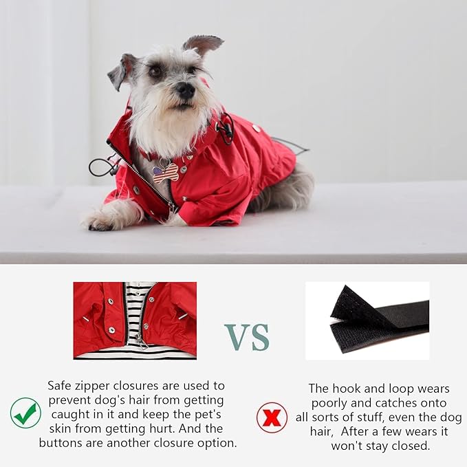 Morezi Dog Zip Up Raincoat with Reflective, Rain/Water Resistant, Adjustable Drawstring, Removable Hood, Raincoats with Legs 8lbs to 80lbs Available - Red - M