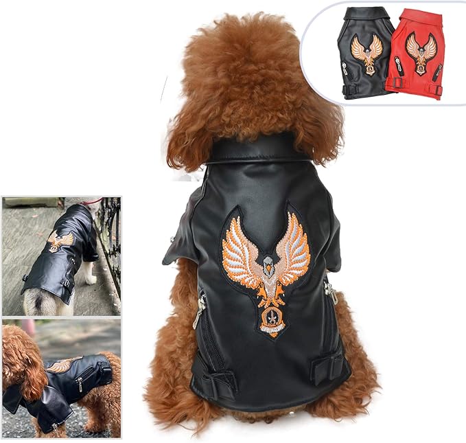 Lovelonglong Cool Dog Leather Jacket, Warm Coats Dogs Windproof Cold Weather Coats for Large Medium Small Dogs with Eagle Embroidery Black XL