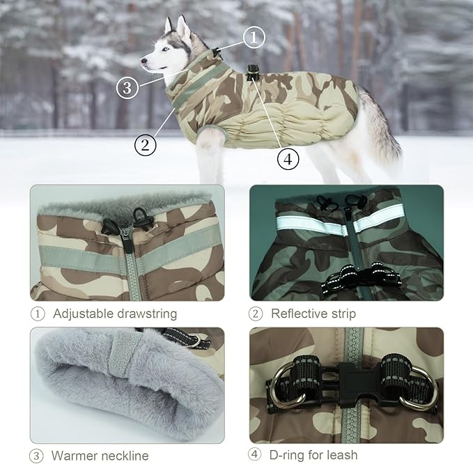 Lelepet Warm Dog Winter Coat Dog Coats for Small Dogs Waterproof Dogs Jacket with Harness Built in Reflective Cold Weather Coats Windproof Zip-Up Winter Fleece Vest Snowsuit Yorkie Desert Camo S