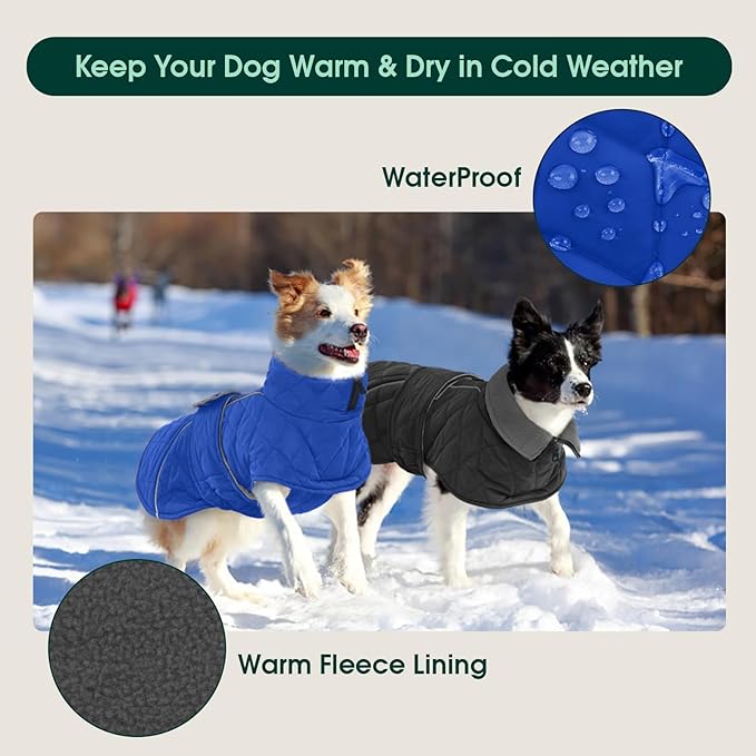 Kuoser Dog Coat, Extra Warm Dog Jacket Windproof Dogs Cold Weather Coats for Medium Dogs, Fleece Lining Turtleneck Puppy Snowsuit Reflective Adjustable Pet Winter Clothes Christmas, Blue M