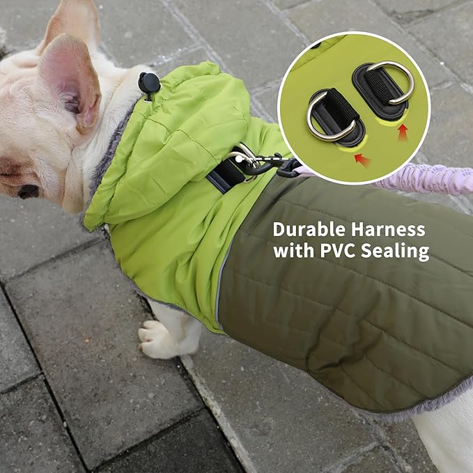 Detachable Hooded Dog Coat with Harness for Small Dogs,Super Warm Fleece Puppy Jacket for Cold Winter Doggie Coats,Green S