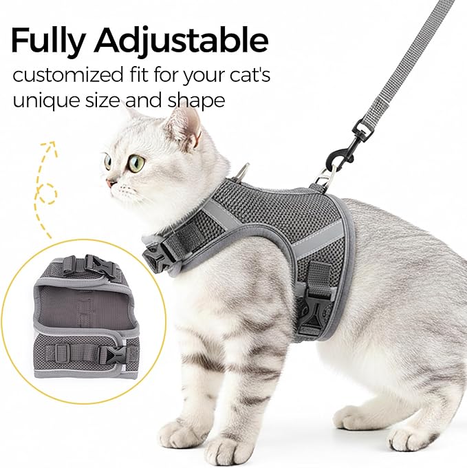 Cat Harness and Leash Escape Proof Kitten Harness Cat Leash for Walking Travel Service Cat Vest, Grey, X-Small