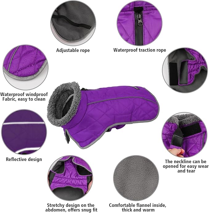Fragralley Dog Coat Small, Waterproof Dog Jacket with Warm Fleece Lining, Adjustable Reflective Dogs Winter Coat, Turtleneck Pet Coats for Cold Weather (Purple S)