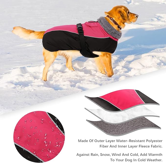 IDOMIK Dog Winter Coat, Reflective Waterproof Dog Jacket for Cold Weather, Warm Pet Coats for Small Medium Large Dogs, High Collar Doggy Fleece Snow Jacket, Winter Vest with Adjustable Buckle,L