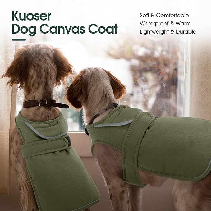 Kuoser Canvas Dog Coat, Warm Dog Jacket Reflective Fleece Pet Cold Weather Coat, Warm Doggie Clothes Waterproof Winter Vest with Zipper Leash Hole for Small Medium Large Dogs, Army Green 2XL