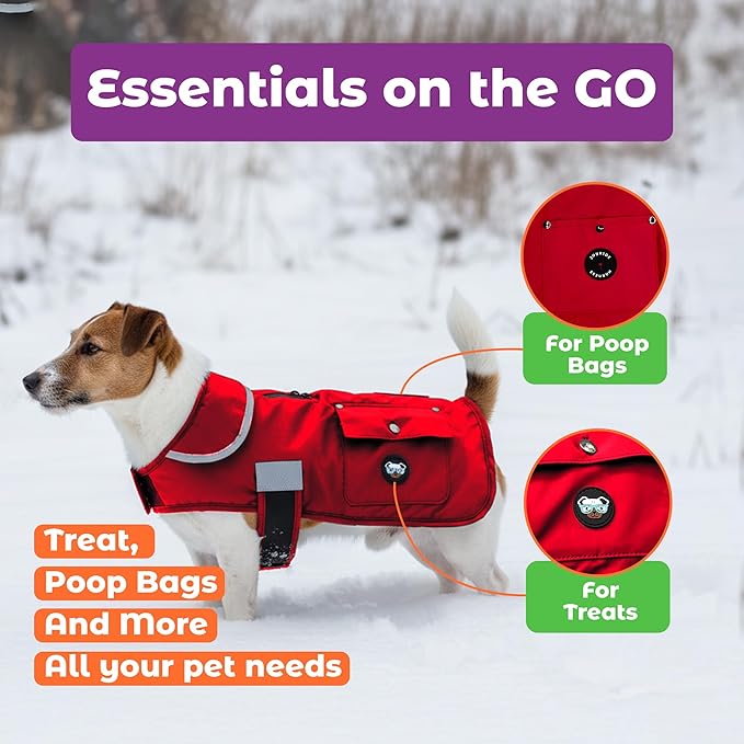 Joyride Harness FrostFlex Dog Winter Jacket - Fleece Lined & Water-Resistant - Snowsuit with Pockets for Treats & Poop Bags - Durable Cold Weather Dog Coat - Red Rush-L