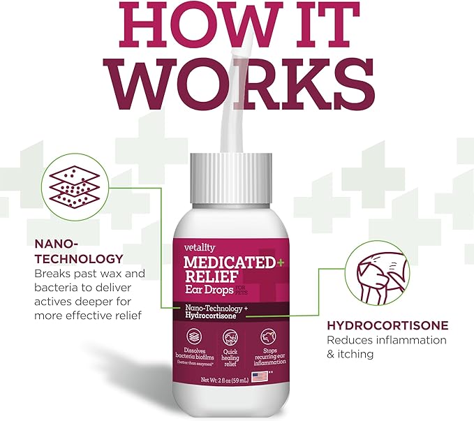 Vetality Medicated Otic Drops for Dog Ear Infection Treatment, 2 fl oz