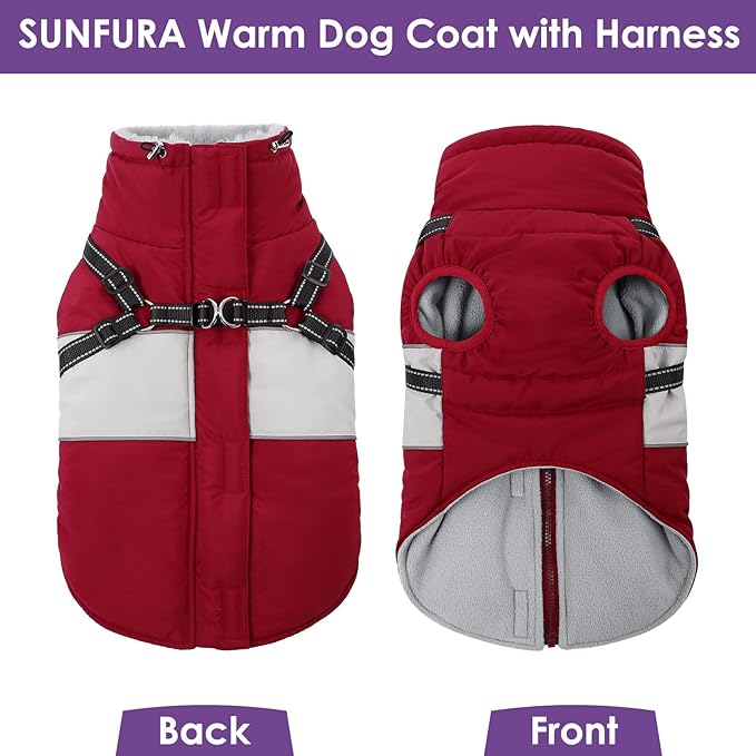 SUNFURA Small Dog Coat with Harness Built in, Warm Dog Jacket Winter with Zipper On Back, Waterproof Pet Snow Jacket Snowsuit Pet Sweater Clothes for Schnauzer, Yorkshire Terrier, Burgundy S