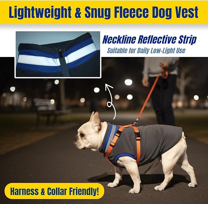 Winter Classic Warmth & Windproof Turtleneck Vest Fleece Dog Sweater, Lightweight & Ultra-Soft Coat for Large Dogs with Back-Zipper, Thermal Doggie Vests Clothes with Reflective Strips(Grey, 2XL)